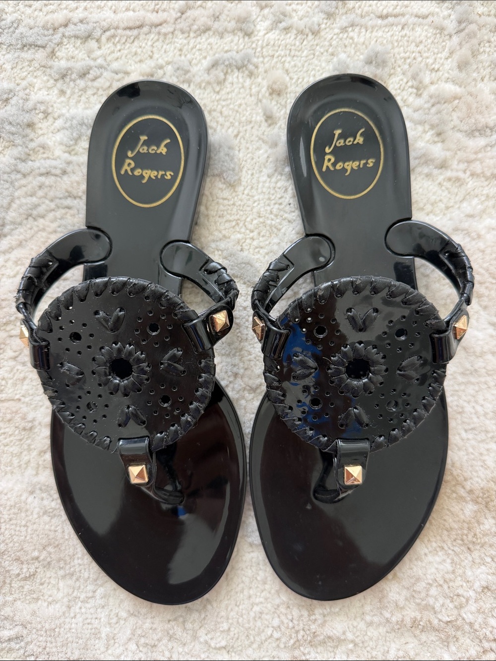 Jack Rogers Black Patent Medallion Sandals with Gold Studs